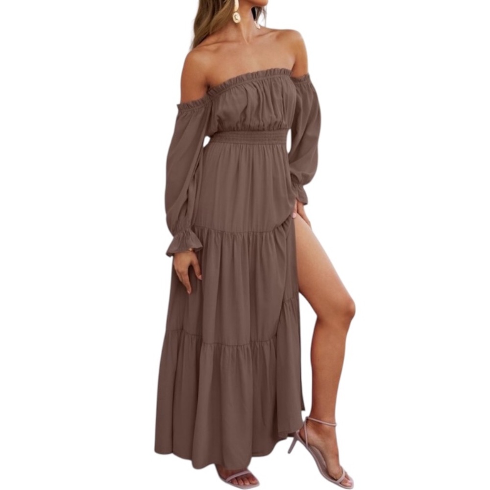 Off Shoulder Long Sleeve Smocked Waist Maxi Dress - Picture 3 of 10